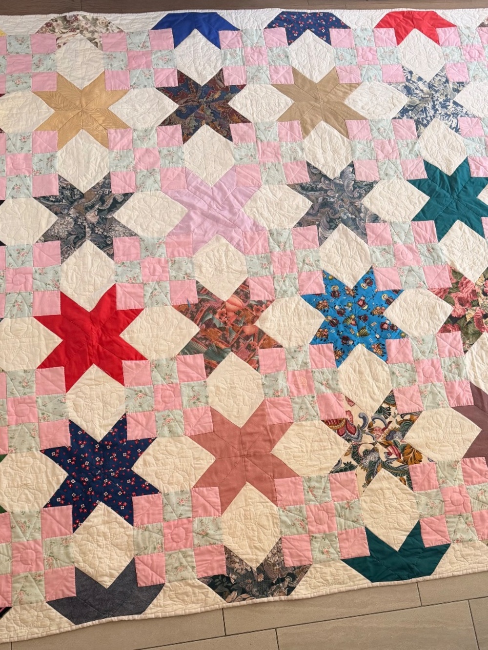 Vintage Handmade Patchwork Quilt Cottagecore Floral Star Quilt 88” x 88” - Picture 2 of 5